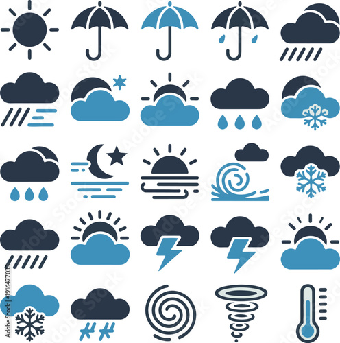Weather editable stroke outline icons set. Clouds, wind, rain, sun, weather forecast, snow, moon, snowflakes and storm. Vector illustration