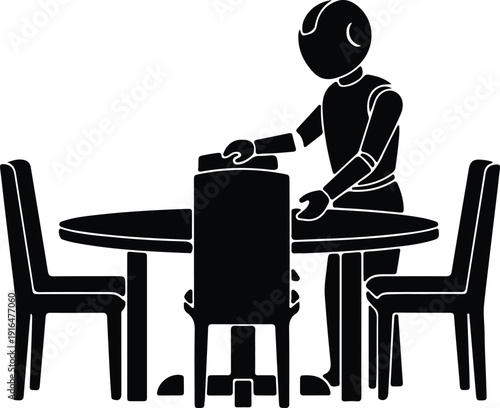 silhouette humanoid robot setting dining table for automated household service vector design
