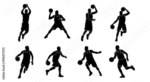 Silhouettes of basketball players in dynamic action poses capturing the energy of the sport high quality