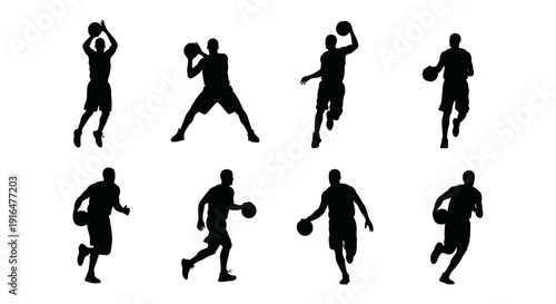 Silhouettes of basketball players in various action poses showcasing dynamic movement and athleticism high quality professional