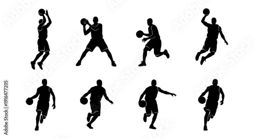 Silhouettes of basketball players in various action poses against a white background high quality professional detailed