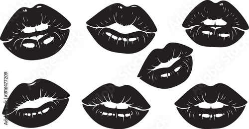 Collection of black and white lip illustrations in various expressions