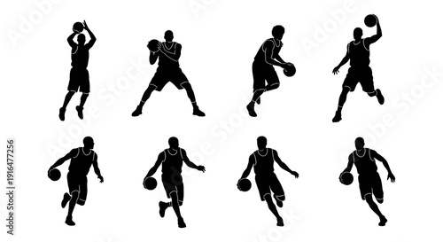 Silhouettes of basketball players in various action poses presented in a grid layout high quality professional