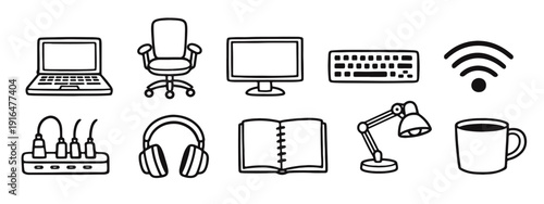 Home Office and Remote Work Doodle Icons - Workspace Technology and Essentials