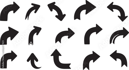 Collection of various black arrow icons on white background