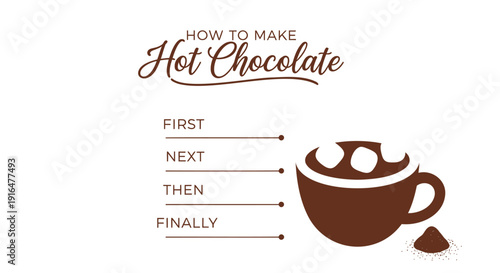 Vector illustration of hot chocolate recipe steps with marshmallows