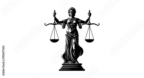 A black and white illustration depicts lady justice holding scales symbolizing fairness and legal judgement high quality professional