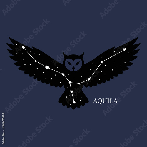 Aquila Constellation Owl Silhouette with Stars on Dark Blue Background