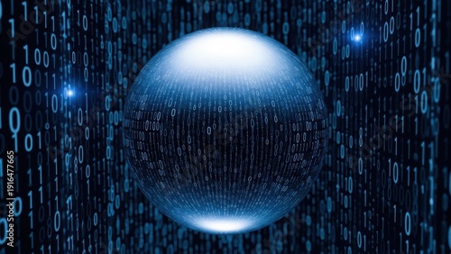 A glowing orb floats amidst a digital binary code matrix in the digital cosmos.