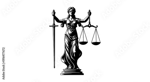 Statue of lady justice holding scales and a sword symbolizing fairness and legal authority high quality