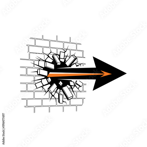 Arrow breaking through brick wall, symbolizing breakthrough, success, and overcoming obstacles.
