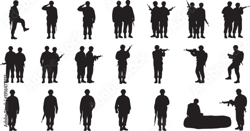 Silhouettes of soldiers in various poses and actions on white