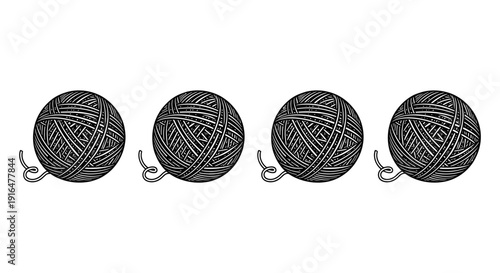 Four balls of gray yarn arranged in a row each with a yarn tail attached