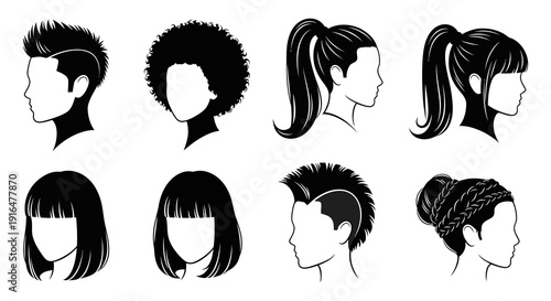 A collection of diverse hairstyles depicted in black silhouettes against a white background high quality professional