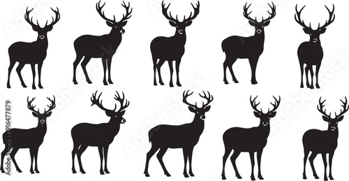 Set of black deer silhouettes on white background standing proudly