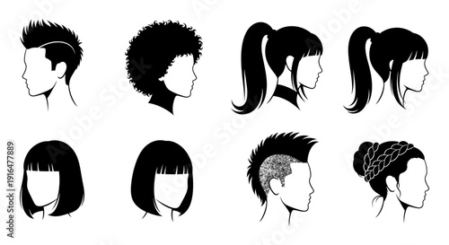A collection of diverse hairstyles presented as black silhouettes against a white background high quality professional