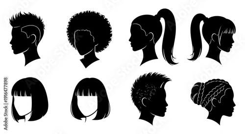 Silhouettes of diverse hairstyles afros ponytails mohawks bobs and more displayed in profile high quality professional