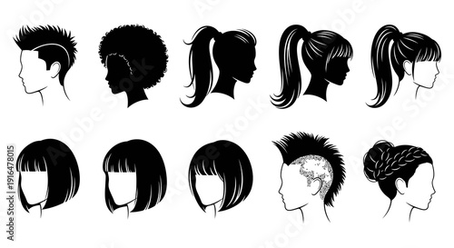 Collection of diverse female hairstyles depicted in black silhouettes against a white background high quality professional
