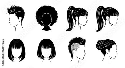 Diverse hairstyles illustrated in black and white showcasing various lengths and textures high quality professional detailed