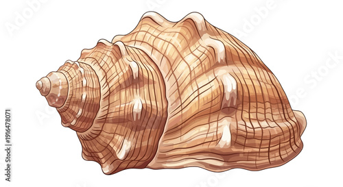 Detailed illustration of a brown conch seashell with prominent ridges and a spiral shape, depicted on a white background.
