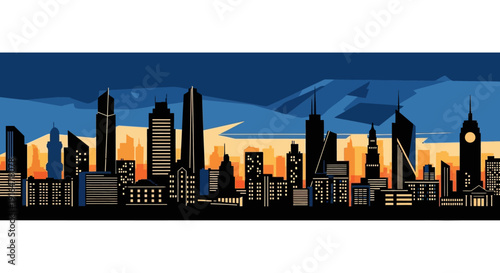A striking silhouette of a modern city skyline at dusk, featuring numerous tall buildings against a vibrant gradient sky.