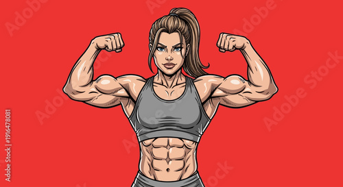 Muscular woman flexing her biceps and abs, showcasing strength and fitness on a red background.