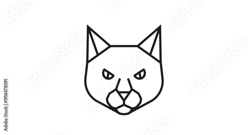 A minimalist black and white line art illustration depicting the head of a cat with sharp, angular features and pointed ears.