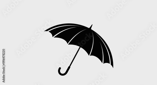 Black silhouette of an open umbrella providing protection from rain, isolated on a light grey background.