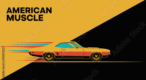 Dynamic stylized illustration of a classic orange American muscle car speeding with motion blur on a split yellow and black background.
