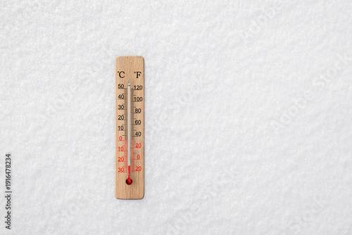 White celsius and fahrenheit scale thermometer in snow. Ambient temperature minus 24 degrees celsius