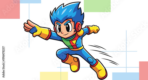 A vibrant cartoon illustration of a superhero boy with blue spiky hair in a dynamic running pose, wearing a colorful suit against a grid background.