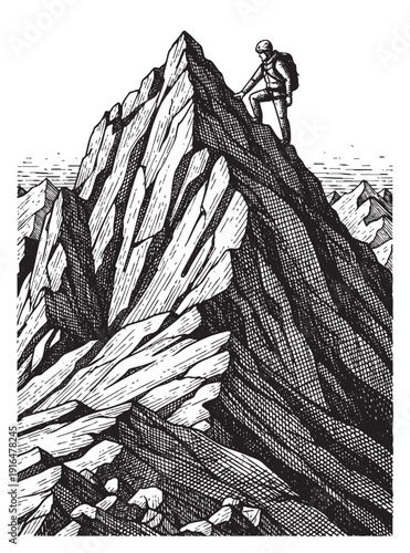 silhouettes of climbers ascending steep mountain peaks