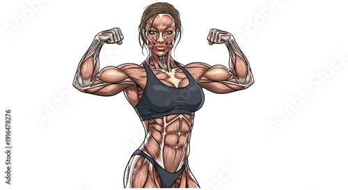 Detailed anatomical illustration of a muscular female bodybuilder flexing biceps, showcasing muscle structure.
