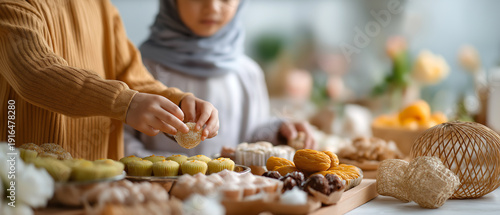 Hands arranging traditional Eid sweets on festive table with warm natural light