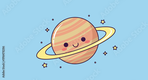 Cute cartoon Saturn planet with a happy face and sparkling rings on a light blue background.