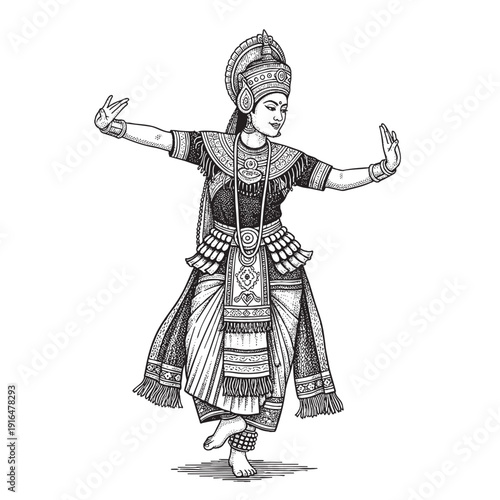 traditional asian Dancer Hand Drawn Vintage Illustration