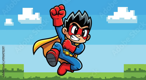 Cartoon superhero boy in a blue suit and red mask jumping with a yellow cape against a pixelated sky and green ground.