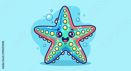 A cute cartoon blue and green starfish with big sparkling eyes and a happy smile, surrounded by bubbles in a light blue underwater setting.