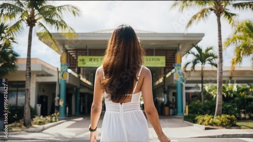 Young woman in white dress walks confidently towards a tropical building entrance, palm trees lining the pathway under bright blue skies and soft sunlight