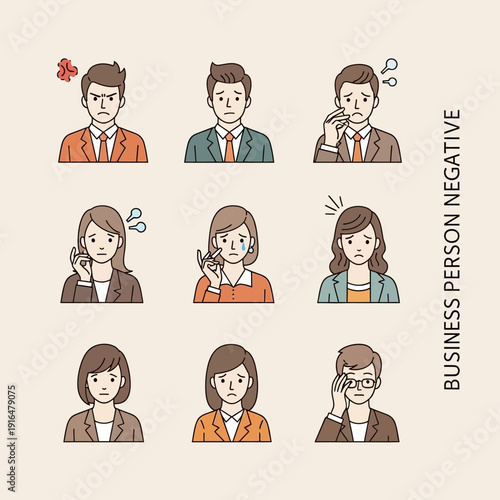 Set of Nine Business People Expressing Negative Emotions and Stress Icons