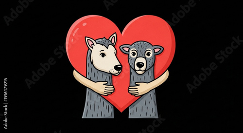 Two cartoon wolves hugging a red heart with arms symbolizing love and friendship togetherness
