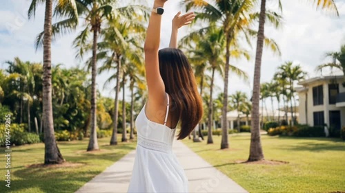 Young Asian woman in white dress joyfully walks along palm tree-lined path, raising arms in celebration, showcasing a vibrant tropical setting with lush greenery and blue skies