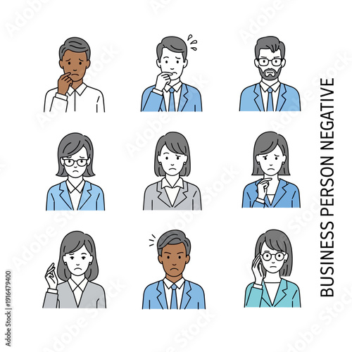 Set of Diverse Business People Showing Negative Emotions and Concerns in Office Wear