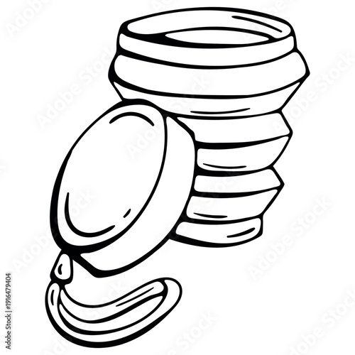 Collapsible Silicone Coffee Cup for Eco Friendly Delivery Doodle. Reusable Folding Travel Mug with Lid. Hand-Drawn Vector Illustration for Sustainable Cafe App.