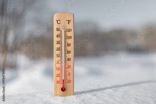 White celsius and fahrenheit scale thermometer in snow. Ambient temperature minus 24 degrees celsius