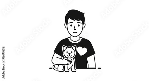 Man holding cat illustration black and white simple line art heart symbol on shirt minimalist design affectionate scene vector graphic