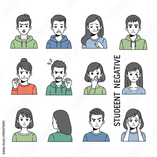 Collection of Diverse Young People Displaying Various Negative Emotions and Expressions Set