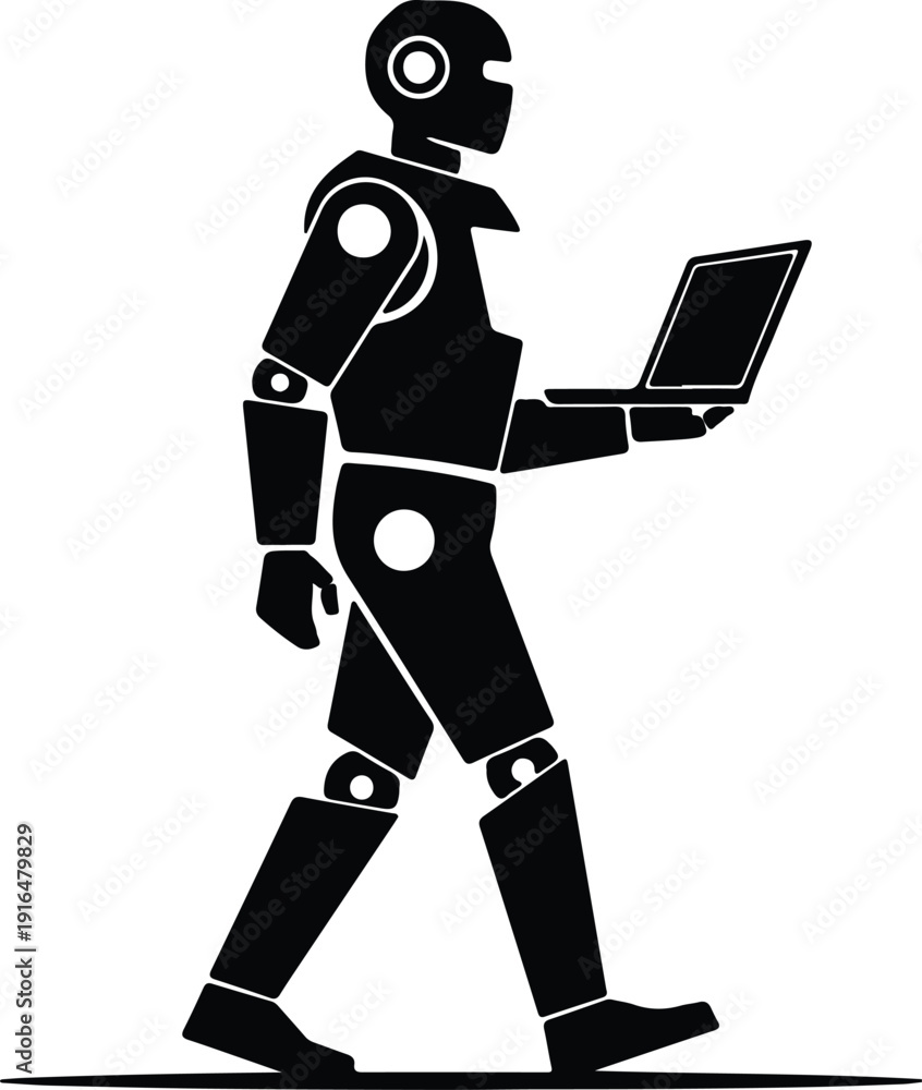 Fototapeta premium silhouette robot walking and holding laptop for future artificial intelligence vector design