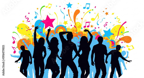Silhouettes of people dancing with colorful musical notes and stars on a white background conveying joy and celebration