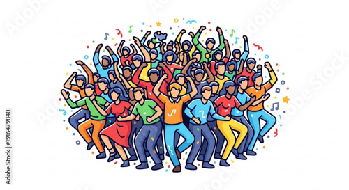 Diverse group of people dancing together in celebration with colorful confetti and music notes